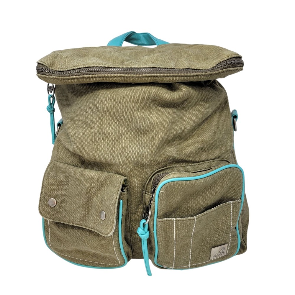Vtg Roxy Canvas Backpack‎ Olive Green Turquoise Trim Floral Y2K Surfer Girl
